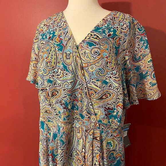 SHARAGANO Women's Aqua/Coral Print Assymetrical Dress - Size 20W - NWT $138 - Picture 2 of 6